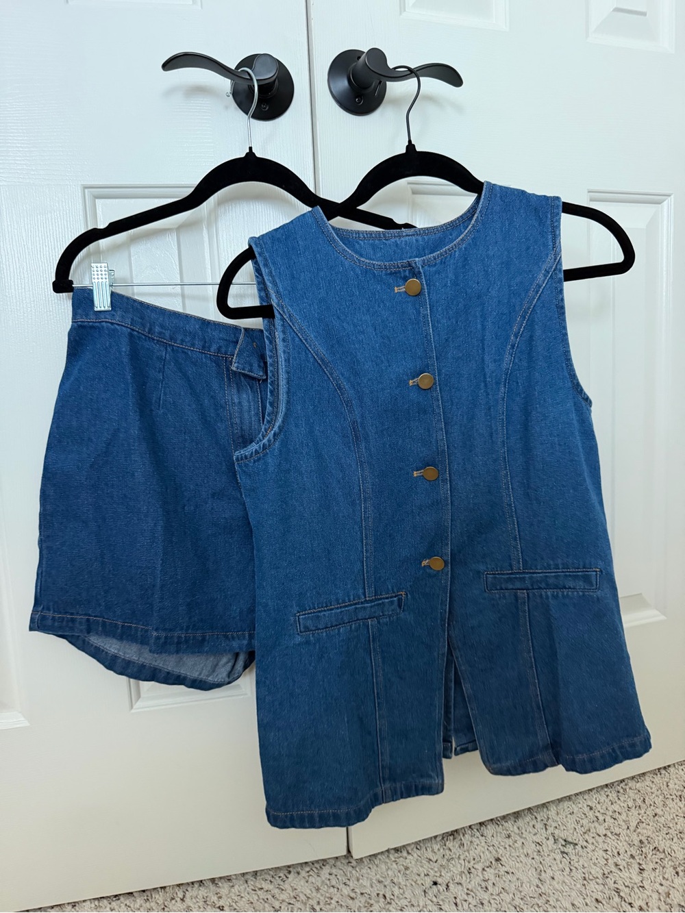 Denim Button Front Vest & Skort Set - Blue